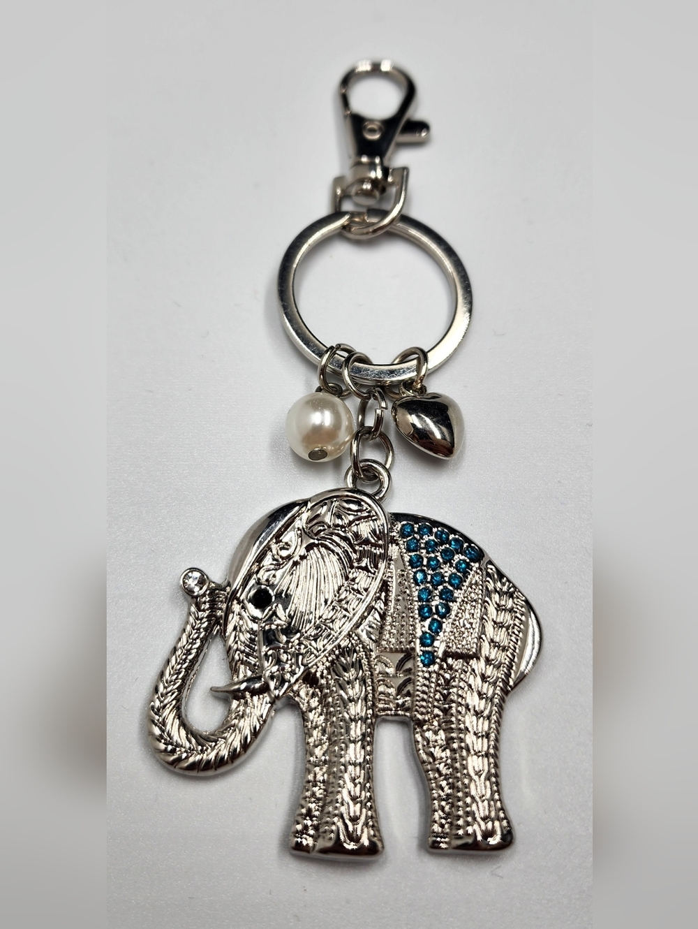 Silver-toned Elephant Key Chain Backpack Purse Bag Turquoise Rhinestones Charm